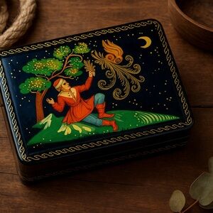 Vntg  Authentic Russian‎ Palekh Lacquer  Box, Prince Ivan, Firebird Fairytale